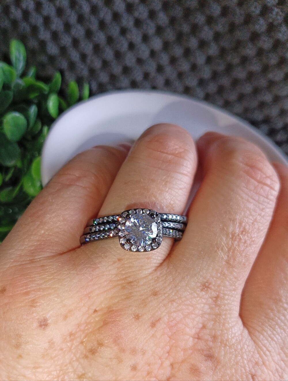 18K GP Black Gold Plated CZ Halo Bridal Ring Set Size 13 New